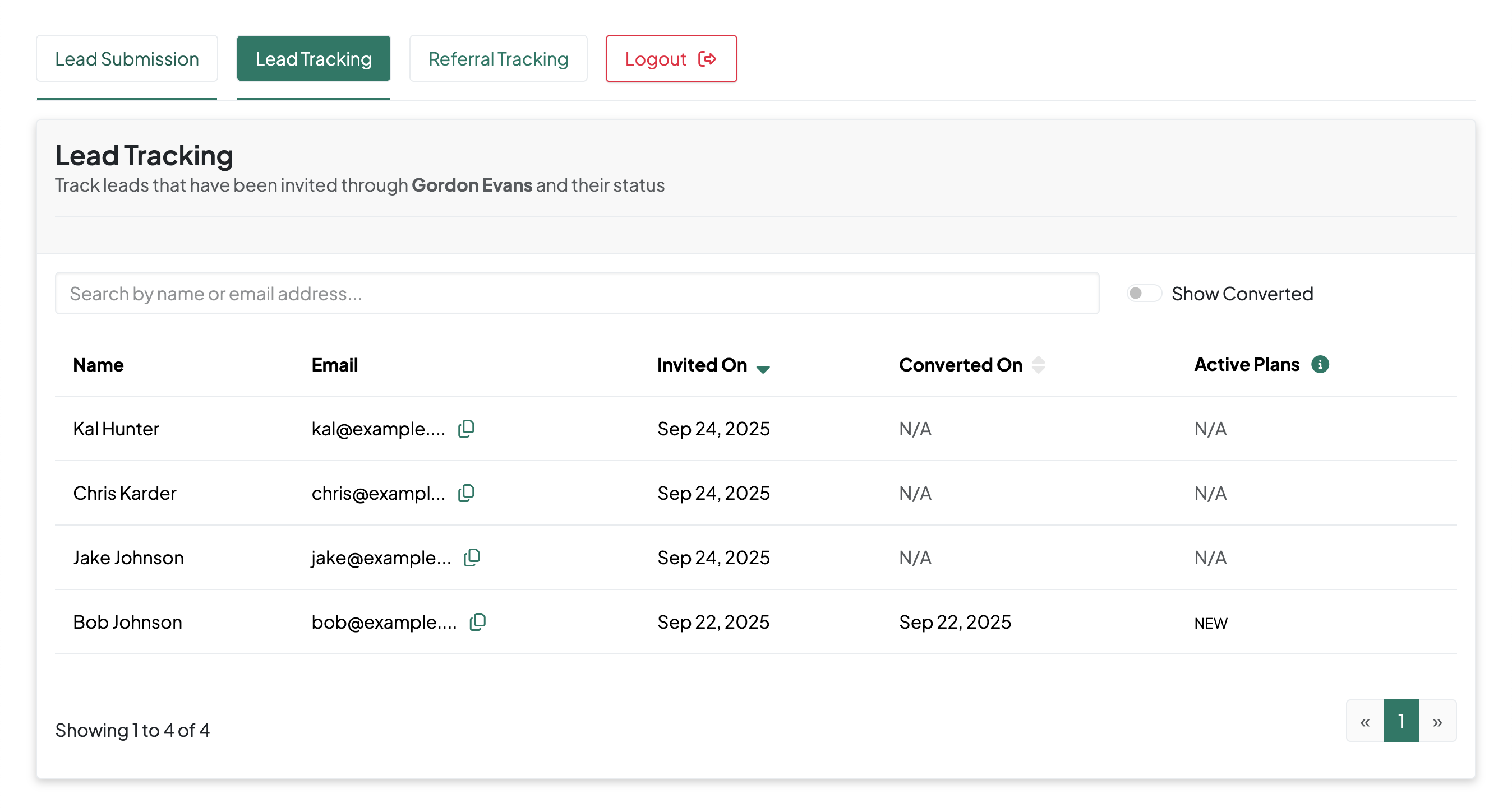 Screenshot of the lead review interface showing a list of submitted leads with client details, conversion status, and plan information