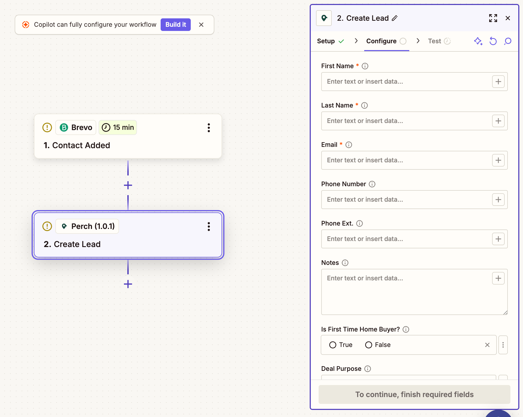 Screenshot showing Zapier workflow connecting CRM to Perch API for automated lead submission
