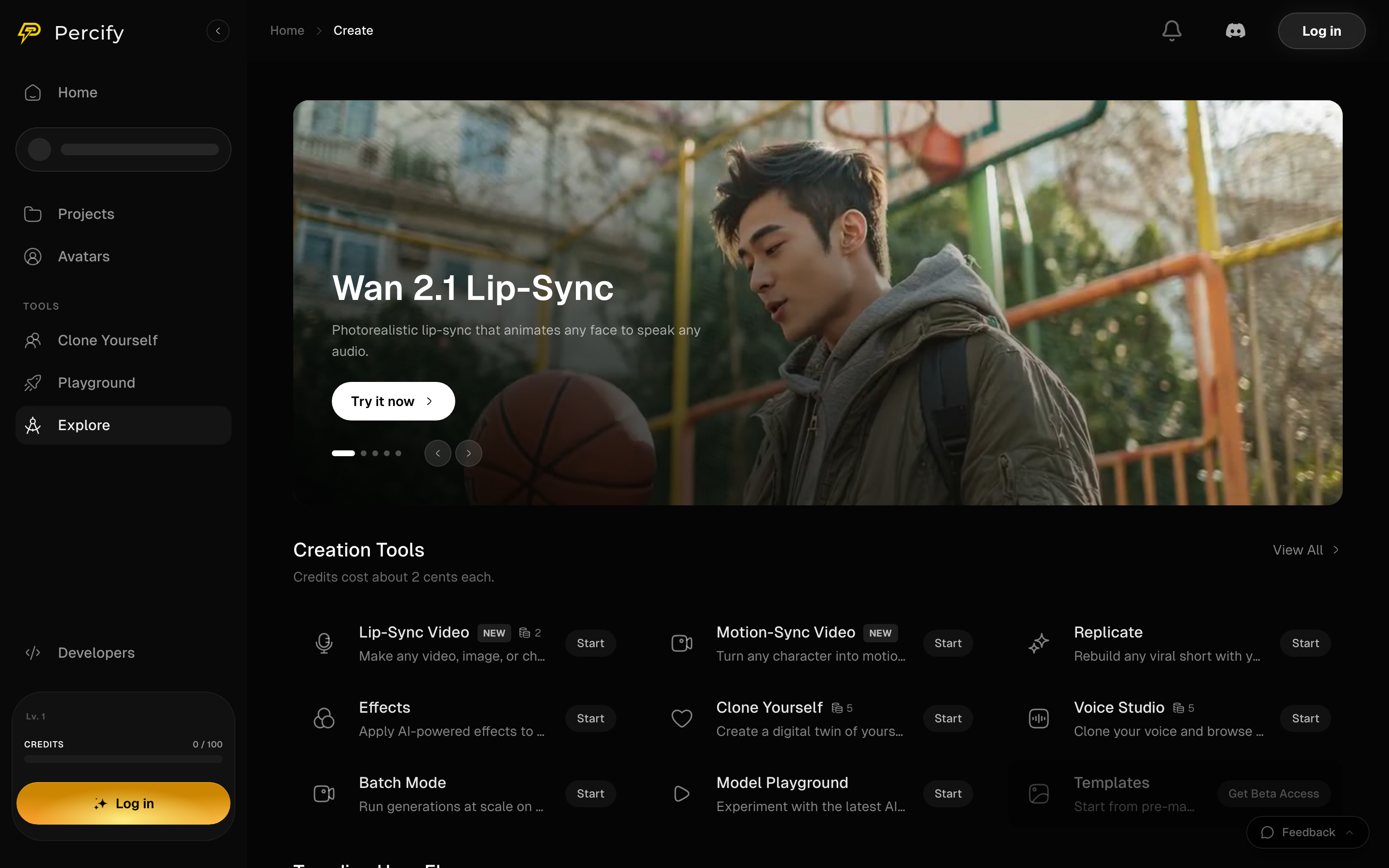 The Percify Create page showing a featured lip-sync model and the Creation Tools list with Start buttons for Lip-Sync Video, Motion-Sync Video, Replicate, Effects, Clone Yourself, Voice Studio and Batch Mode