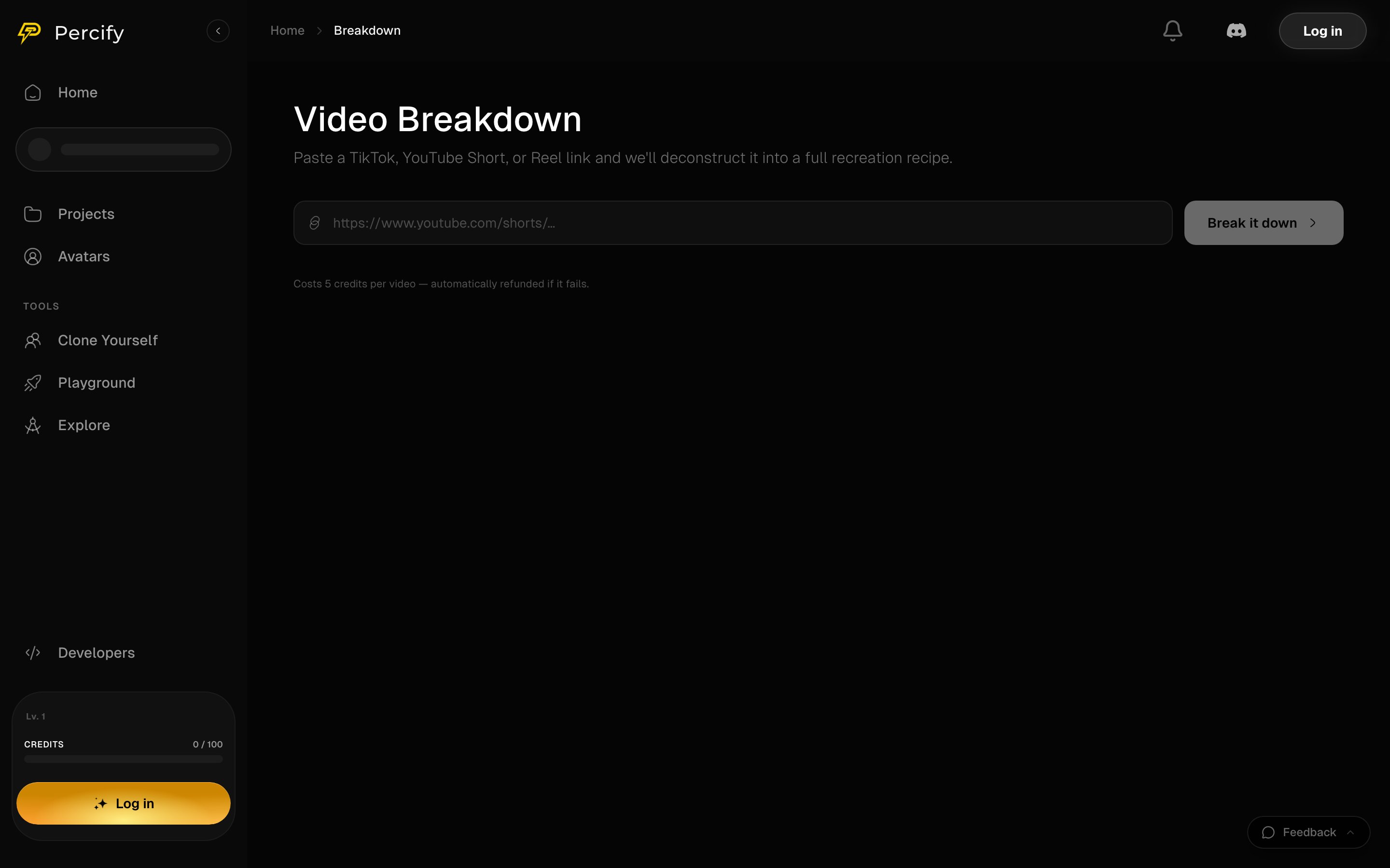 The Percify Video Breakdown screen with a field for a TikTok, YouTube Short or Reel link and the Break it down button