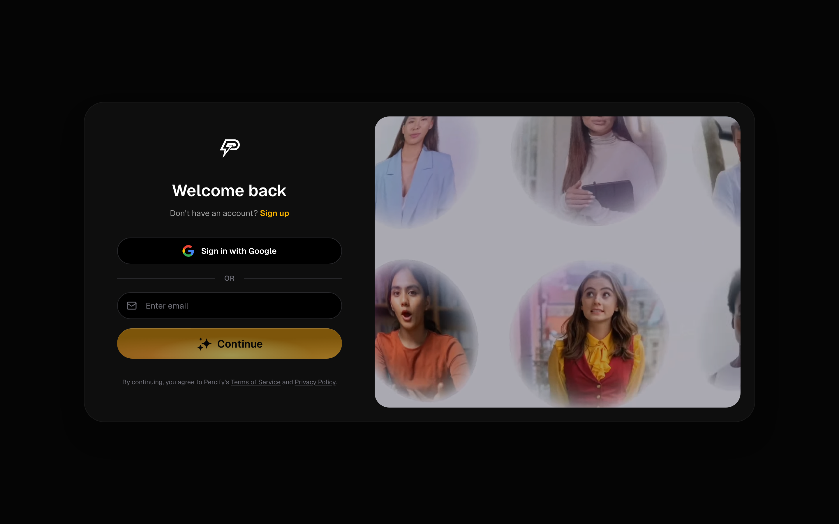 The Percify login screen showing the Sign in with Google button, an email field and the Continue button