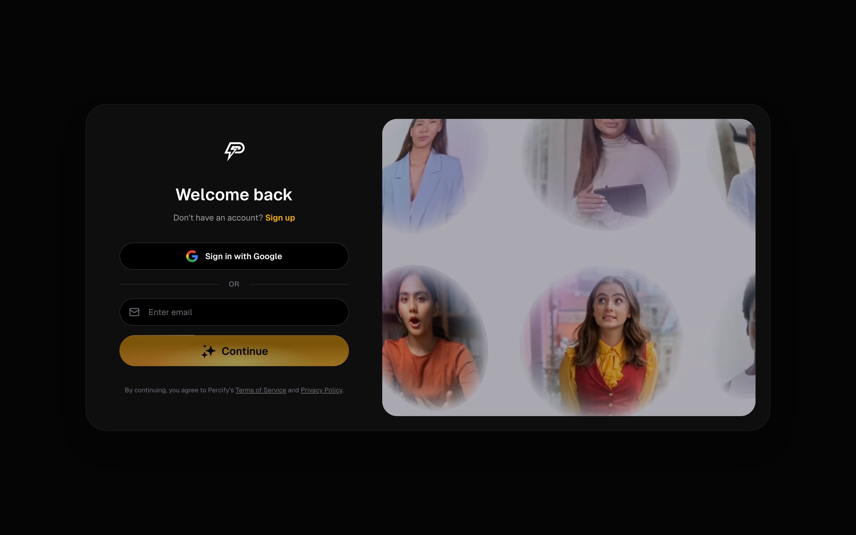 The Percify login screen showing the Sign in with Google button, an email field and the Continue button