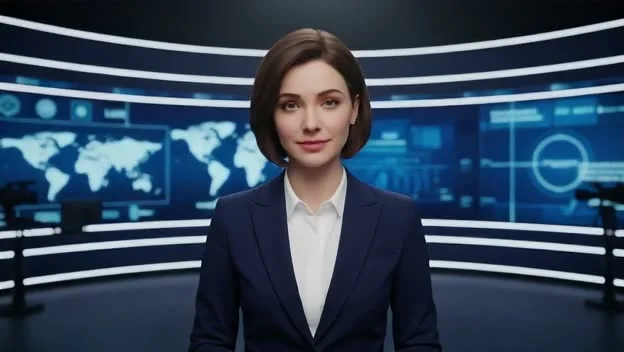 A news anchor presenter at a desk, made with Percify
