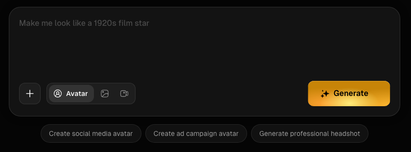 Percify screenshot, App home: Describe what you want, choose an avatar, and generate.