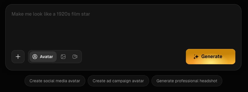 Percify screenshot, App home: Describe what you want, choose an avatar, and generate.