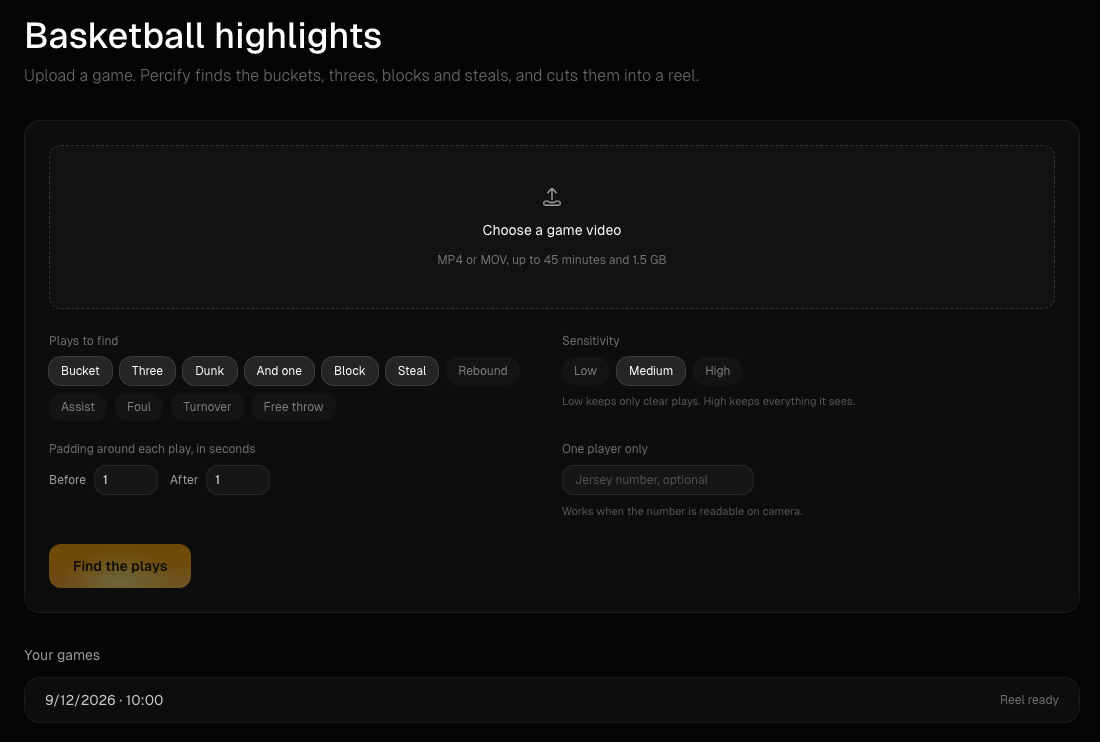 Percify screenshot, Basketball highlights: Upload a game and Percify finds the buckets, threes, blocks and steals and cuts them into a reel.