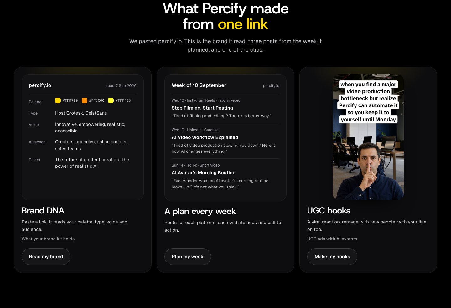 Weekly plan card for percify.io listing an Instagram Reels talking video, a LinkedIn carousel and a TikTok short video with their hooks