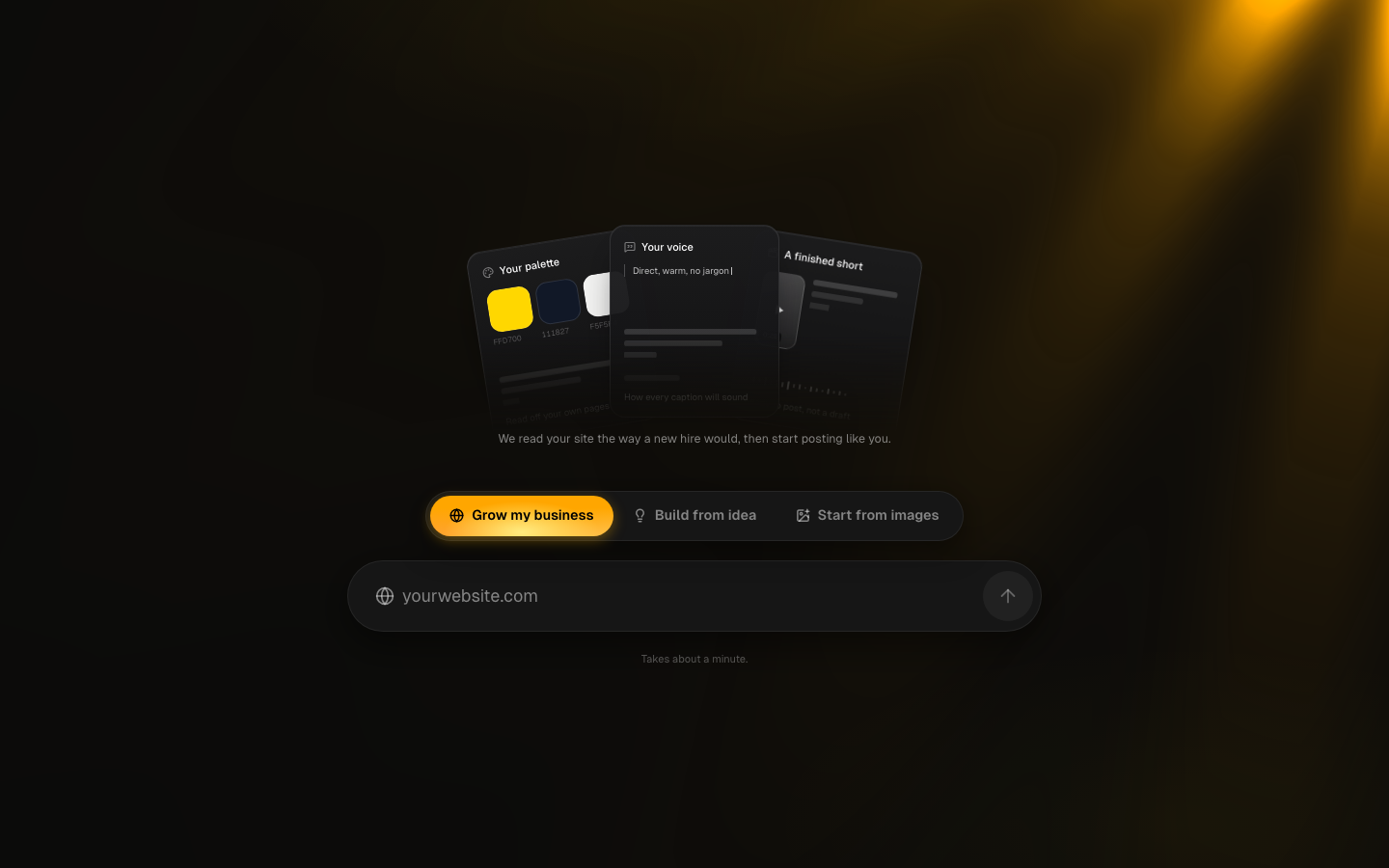 Percify screenshot, Brand onboarding: Start from your website, from an idea, or from your own images.