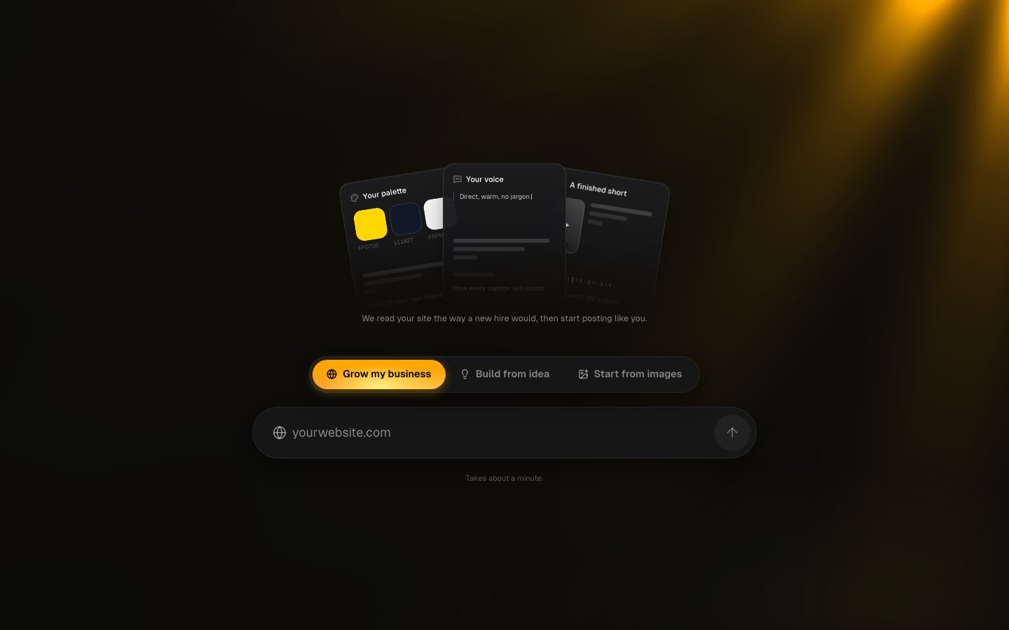Percify brand onboarding screen with the tabs Grow my business, Build from idea and Start from images above a website field