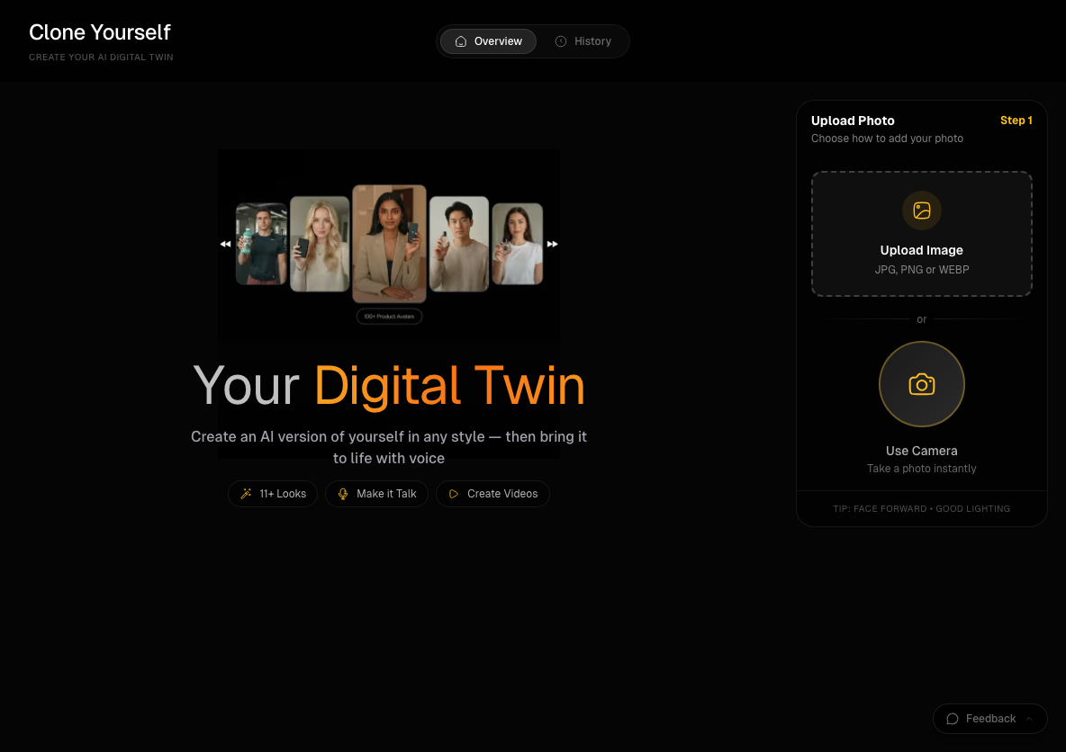 Percify Clone Yourself page with the Your Digital Twin heading and the Upload Photo panel offering Upload Image or Use Camera