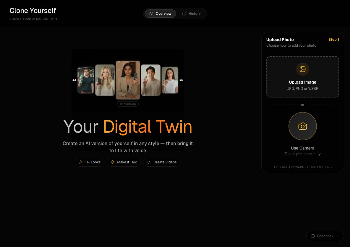 Percify Clone Yourself page with the Your Digital Twin heading and the Upload Photo panel offering Upload Image or Use Camera