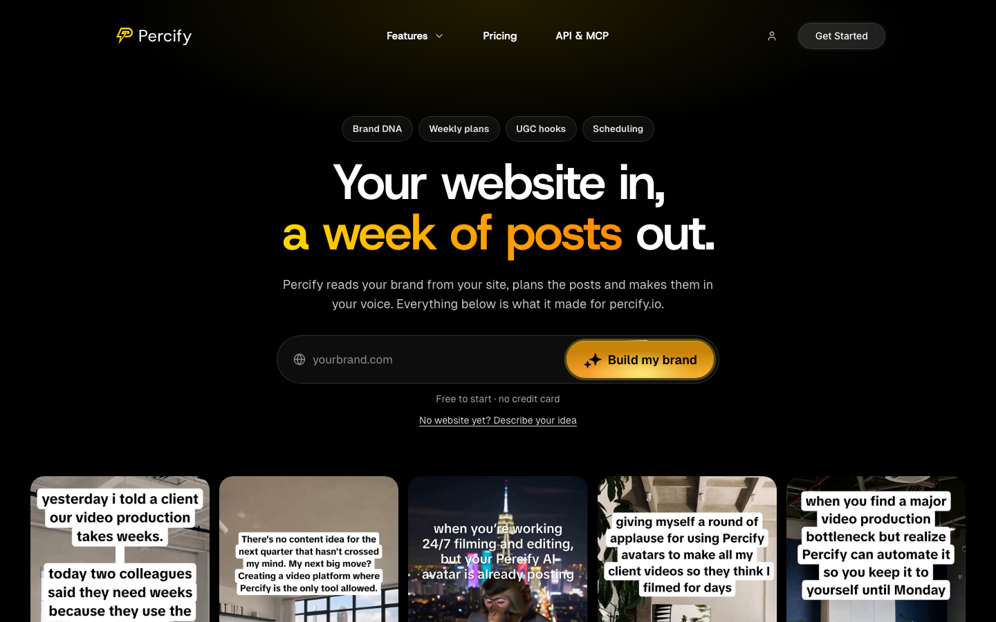 Percify screenshot, Your website in, a week of posts out: Percify reads your brand from your website, plans the posts and makes them in your voice.