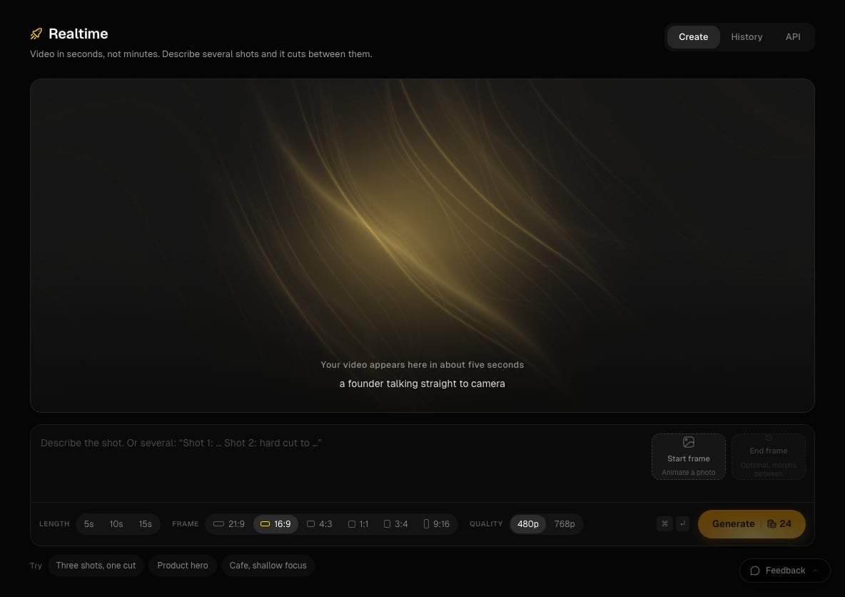 Percify screenshot, Realtime Video: Video in seconds, not minutes. Describe several shots and it cuts between them.