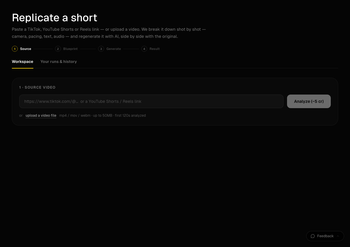 Percify screenshot, Replicate a short: Paste a TikTok, YouTube Shorts or Reels link and rebuild it shot by shot.