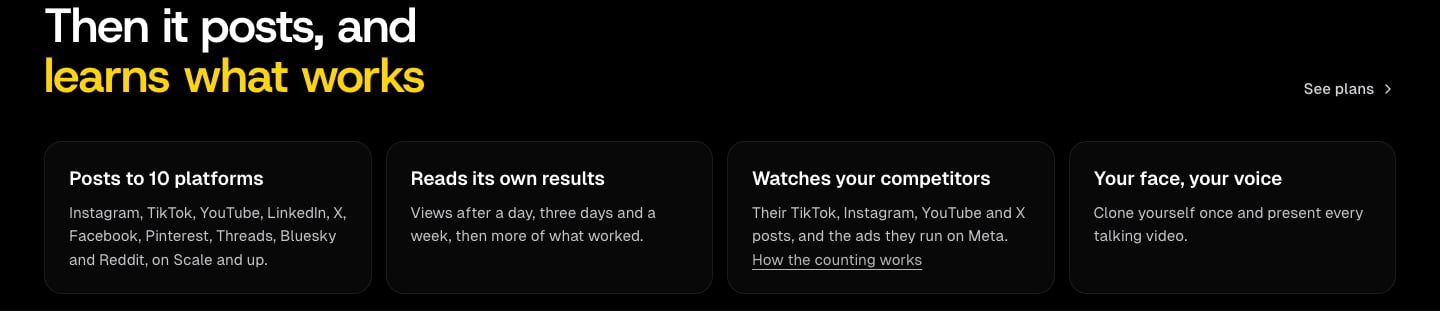Percify screenshot, It posts, and learns what works: On Scale and above, Percify schedules to 10 platforms, reads each post's views after a day, three days and a week, and watches your competitors.
