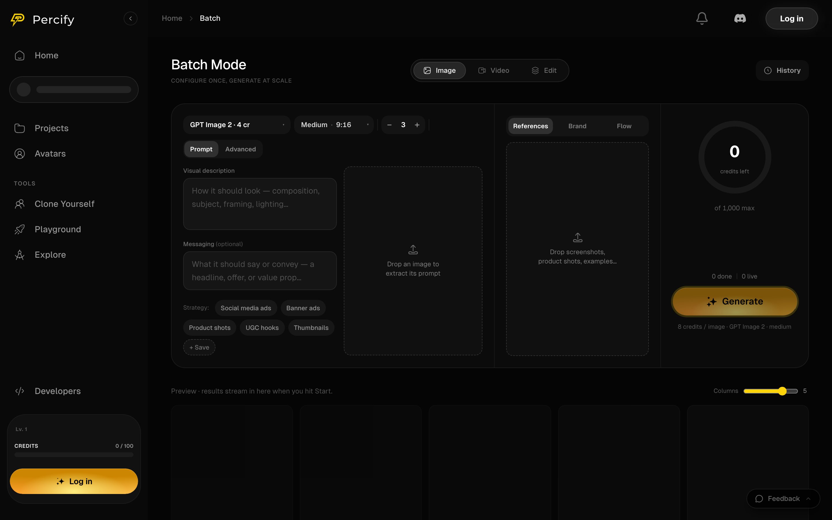 The Percify Batch Mode screen showing the model picker, quality and aspect controls, the prompt and messaging fields, strategy presets and the Generate button with its per-image credit cost