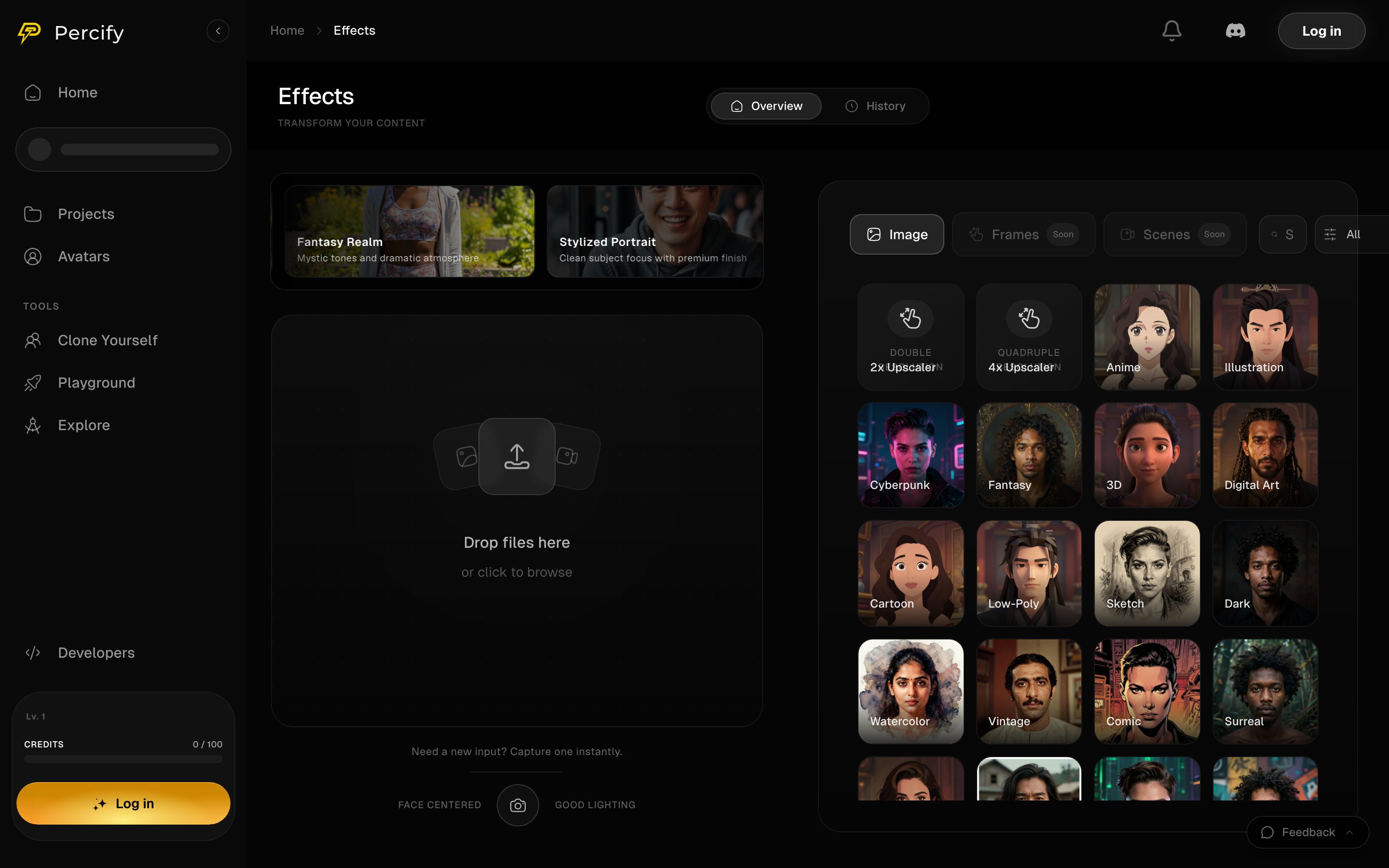 The Percify Effects screen with a file drop area and a grid of style presets including anime, cyberpunk, watercolour, sketch and comic, plus 2x and 4x upscalers