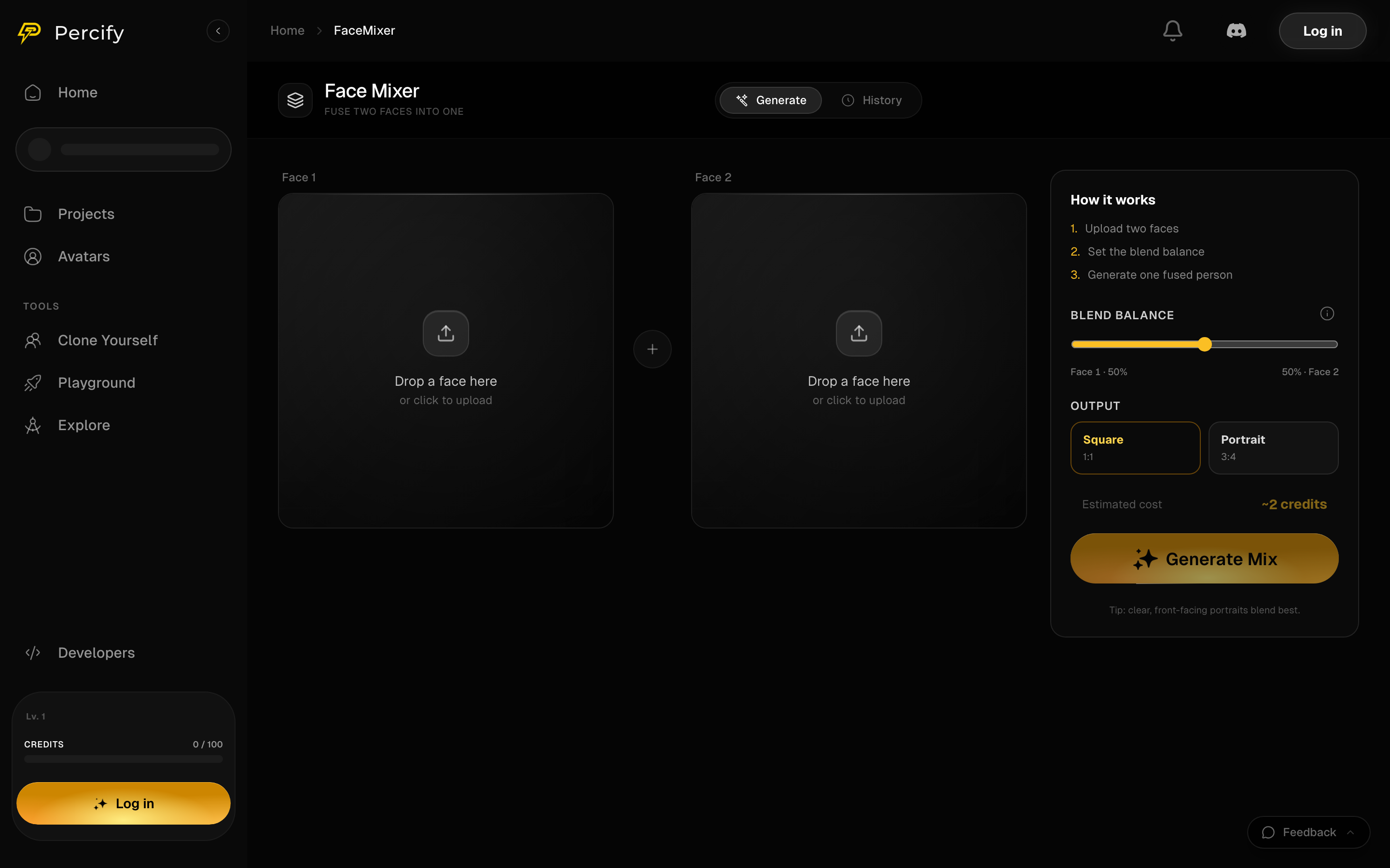 The Percify Face Mixer screen with two face upload areas, a blend balance slider set to fifty fifty, square and portrait output options and the estimated credit cost
