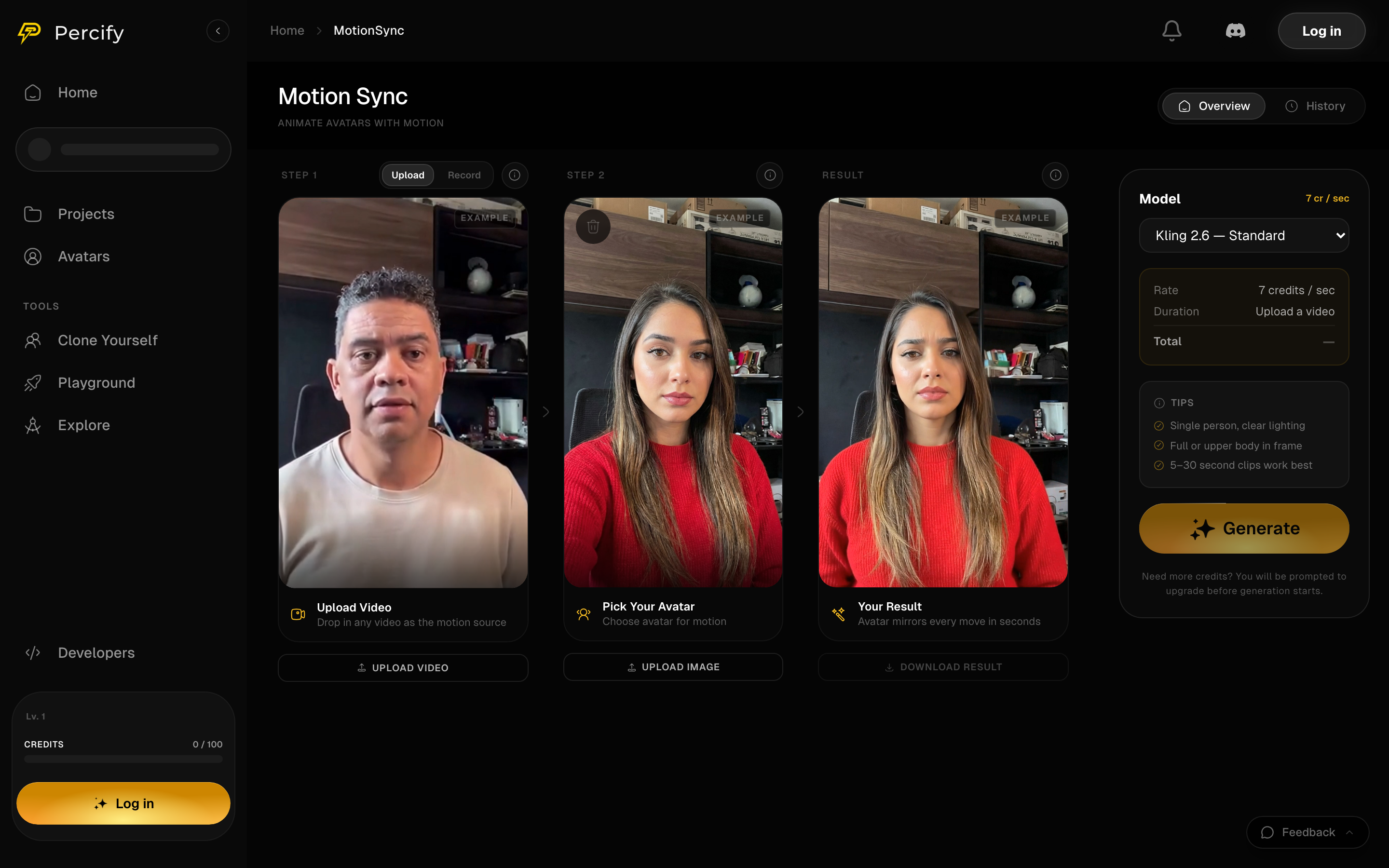 The Percify Motion Sync screen with Upload Video as step one, Pick Your Avatar as step two, the result on the right and a model panel showing the per second credit rate