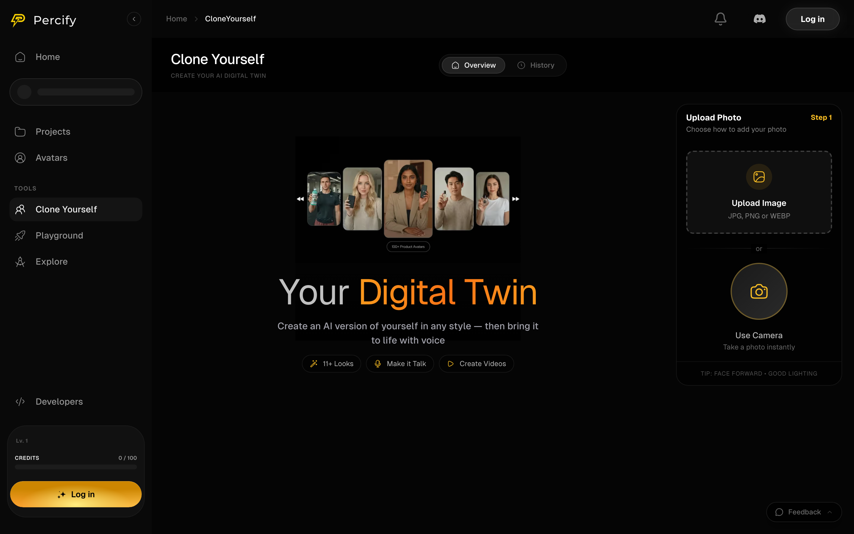 The Percify Clone Yourself upload panel showing the Upload Image drop area with accepted formats and the Use Camera option