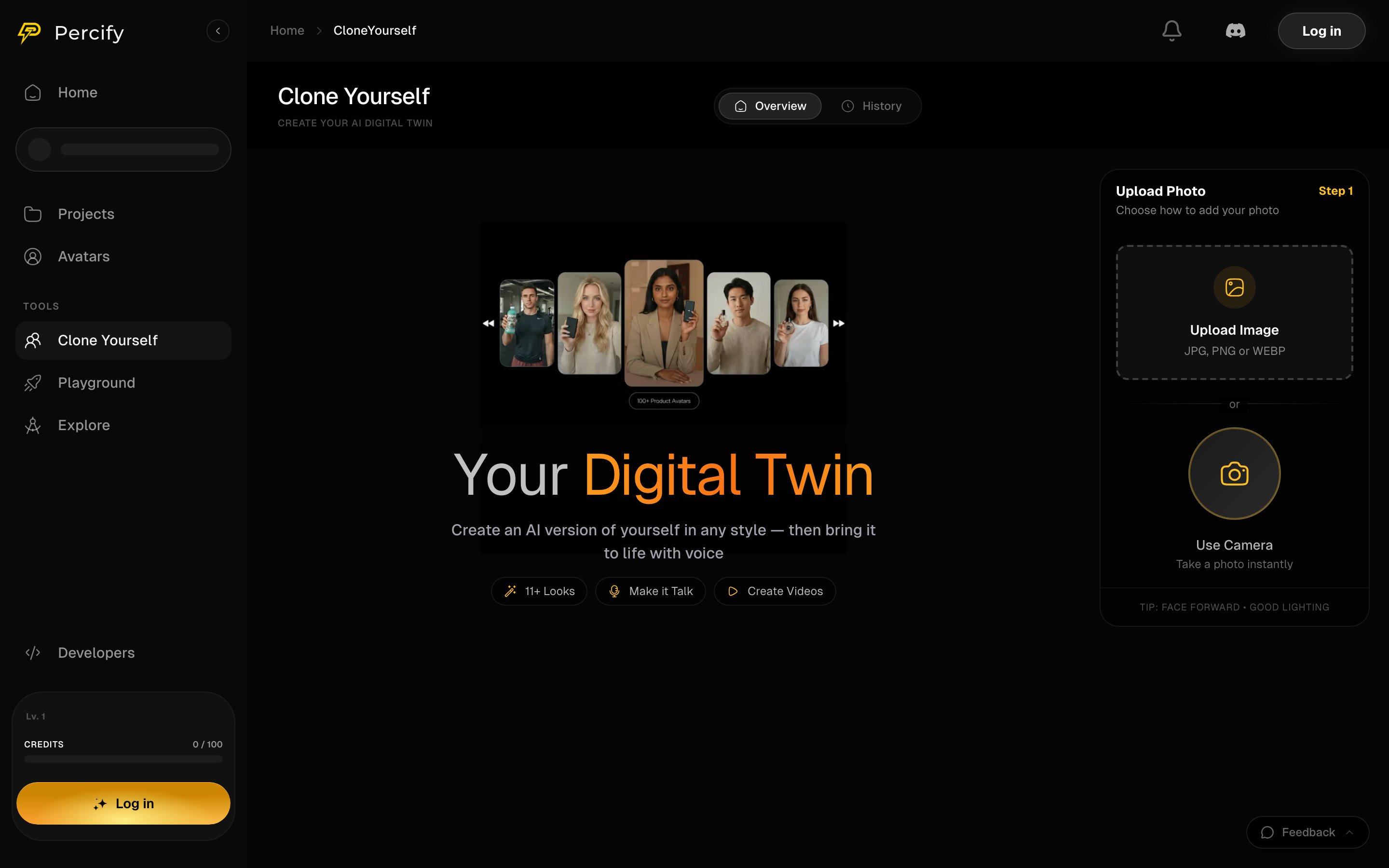 The Percify Clone Yourself upload panel showing the Upload Image drop area with accepted formats and the Use Camera option