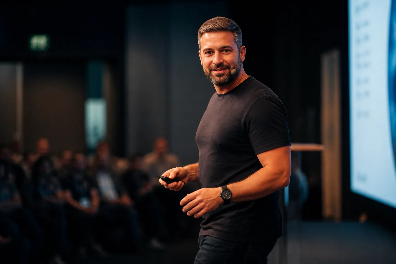 Sales trainer on stage, AI avatar in the Percify avatar library (Coach)