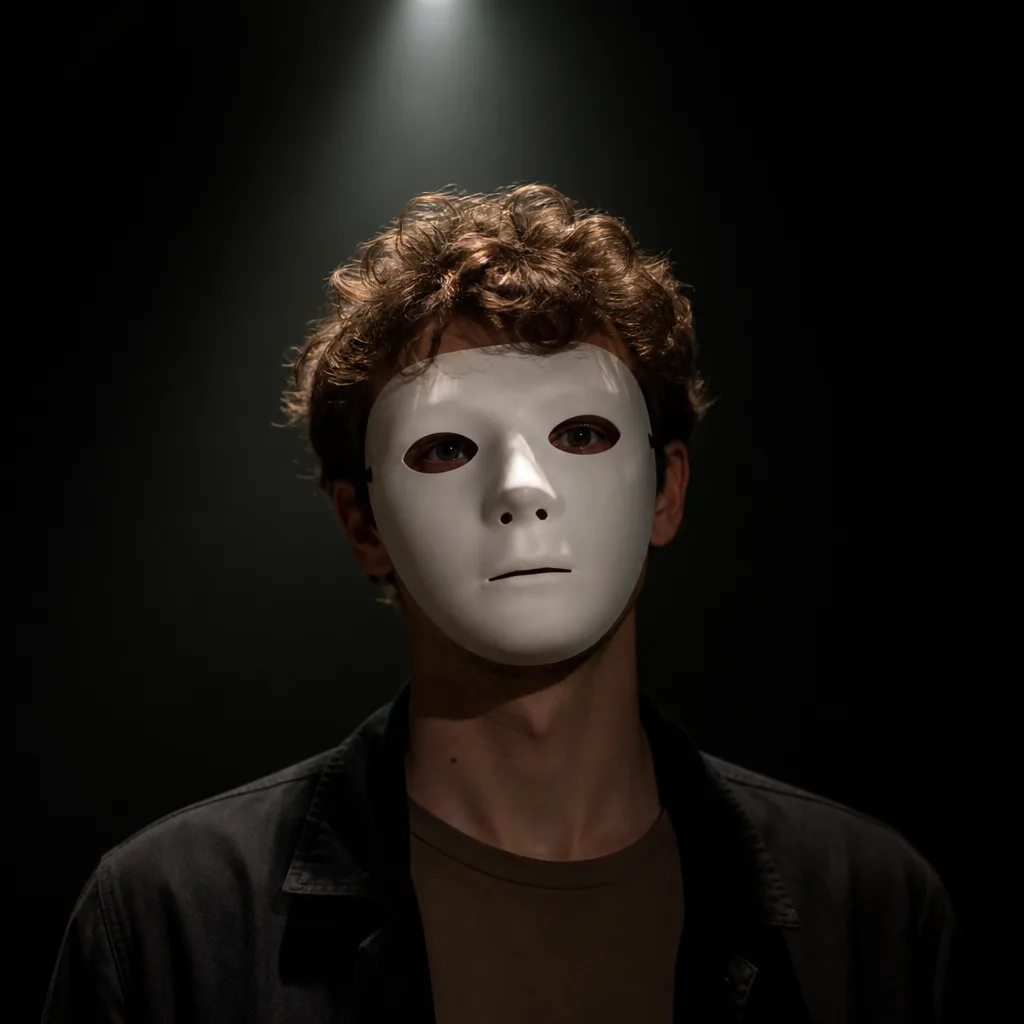 Masked narrator, AI avatar in the Percify avatar library (Faceless)