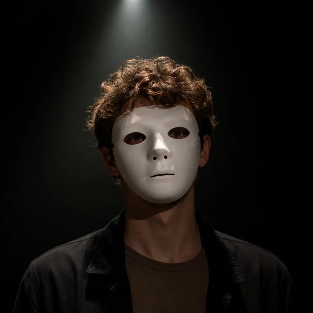 Masked narrator, AI avatar in the Percify avatar library (Faceless)