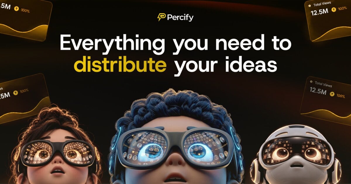 Percify banner reading everything you need to distribute your ideas, with three animated characters looking up