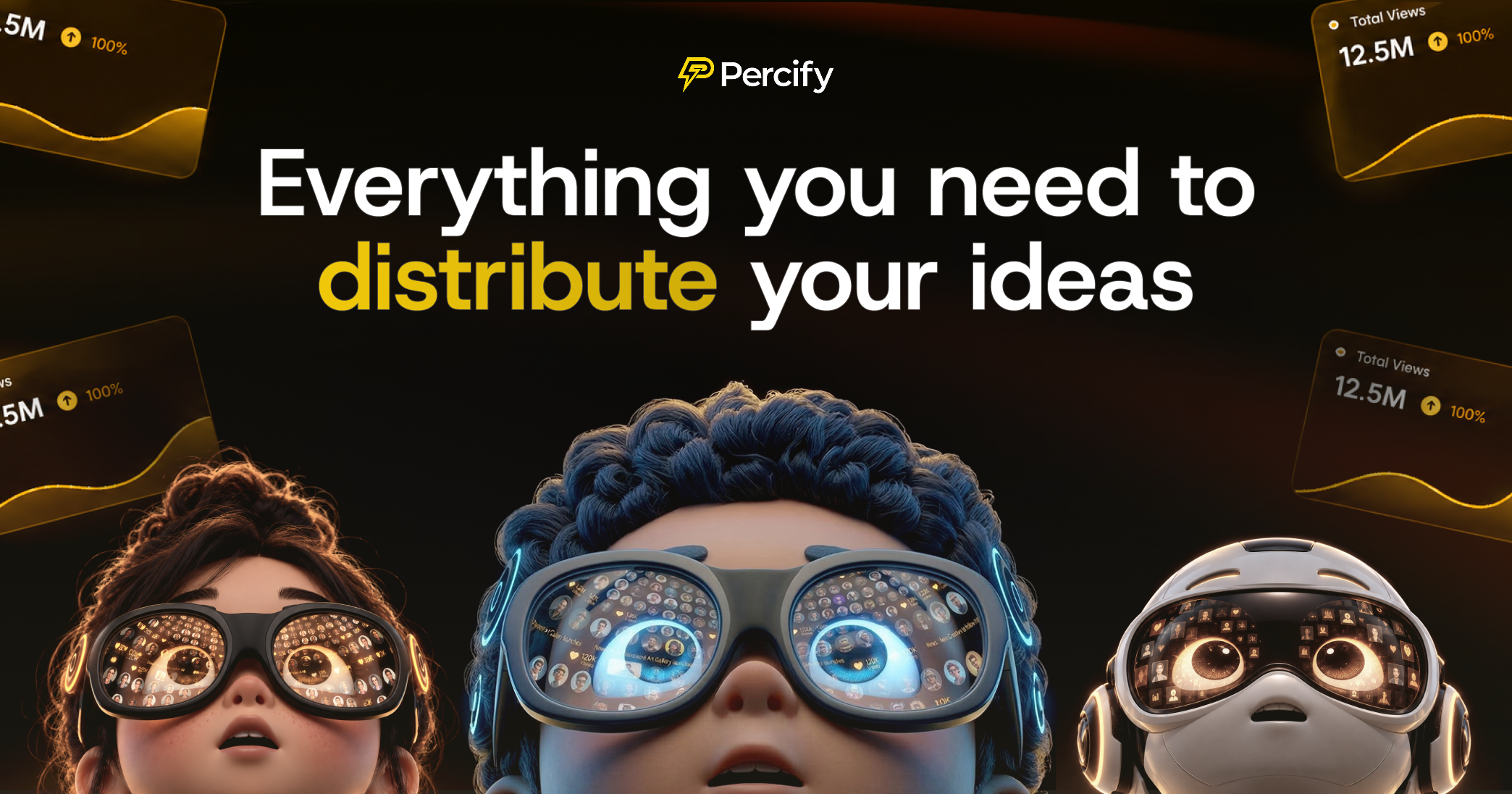 Percify share image with the headline everything you need to distribute your ideas and three animated characters