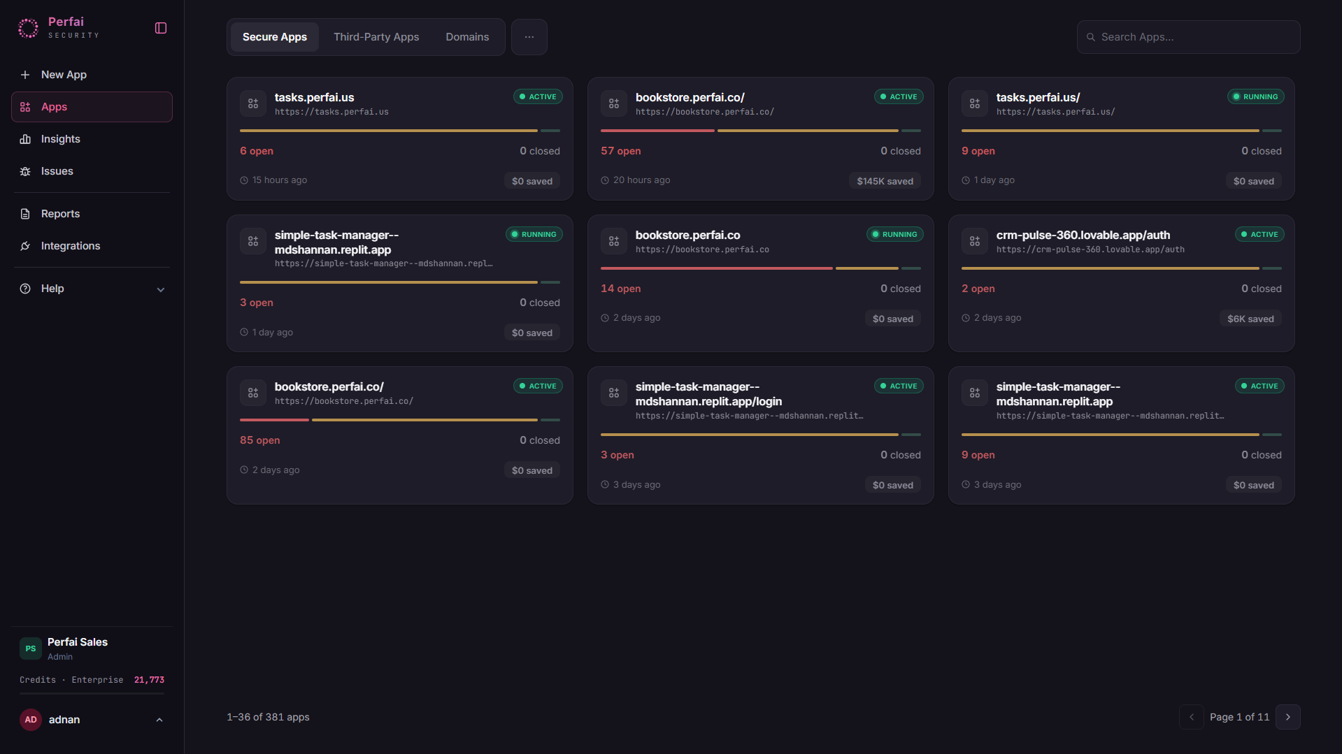 Perfai Apps page — app portfolio view
