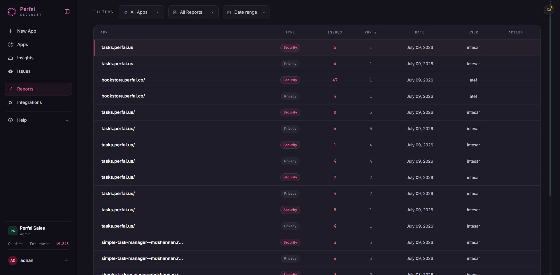 Perfai Reports page — scan history and exports