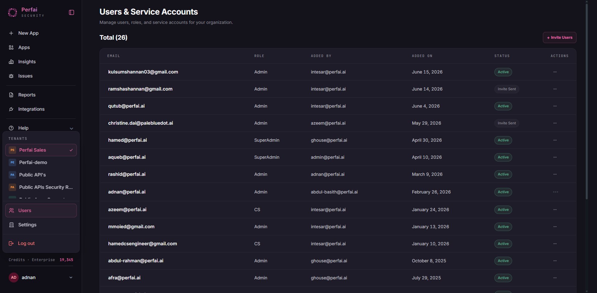 Perfai Users & Service Accounts page