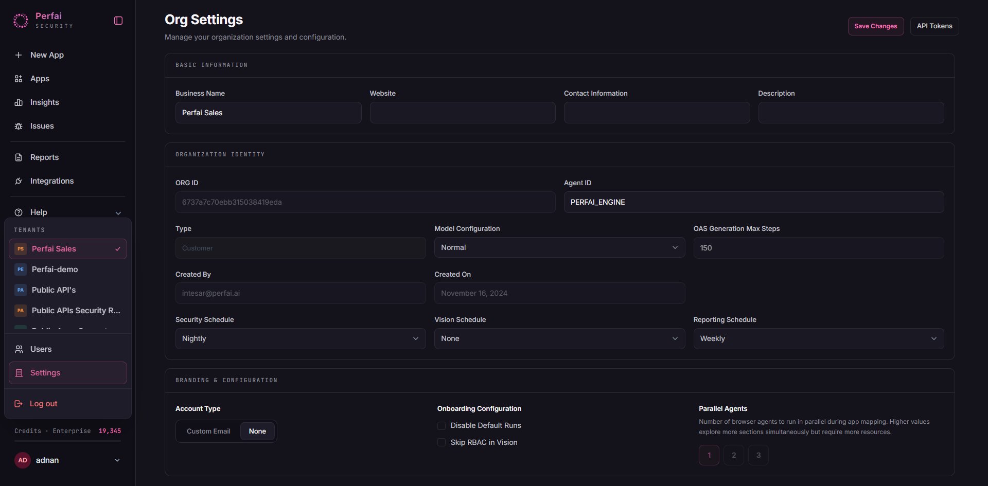 Perfai Settings page — organization configuration