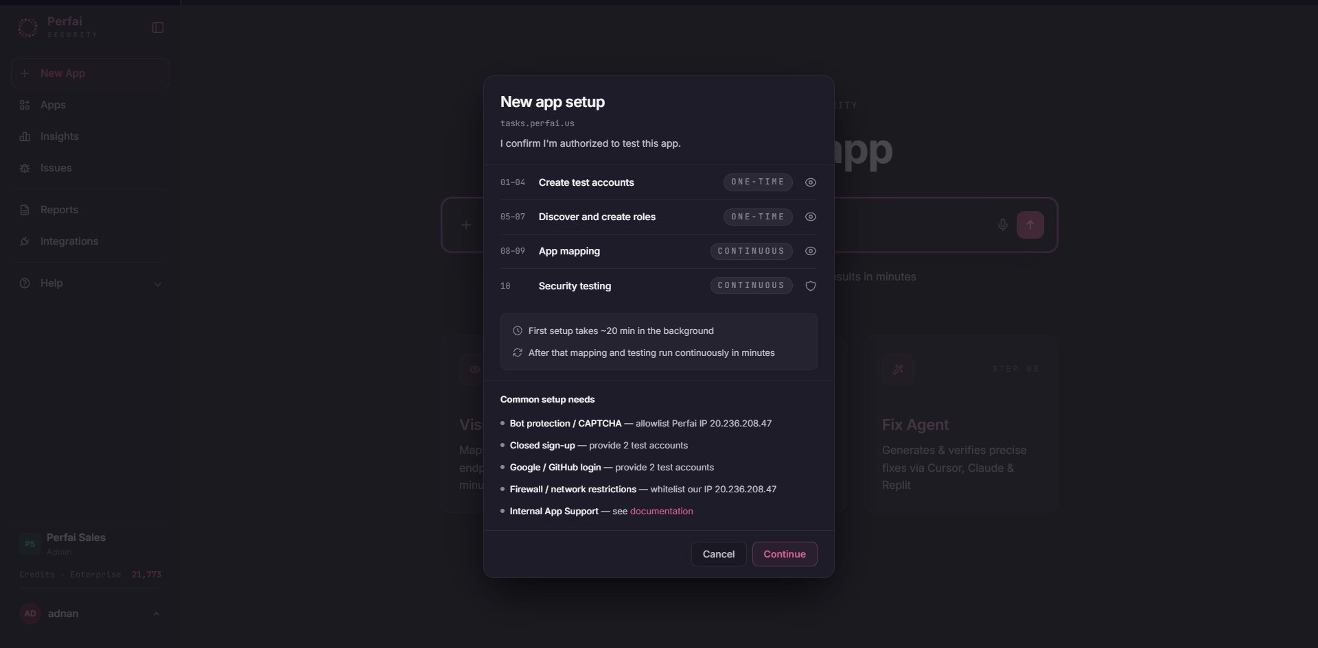 New app setup — task confirmation modal