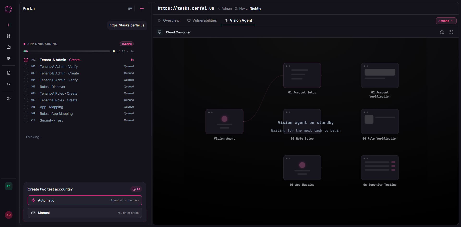 Vision Agent task graph — account creation and role discovery
