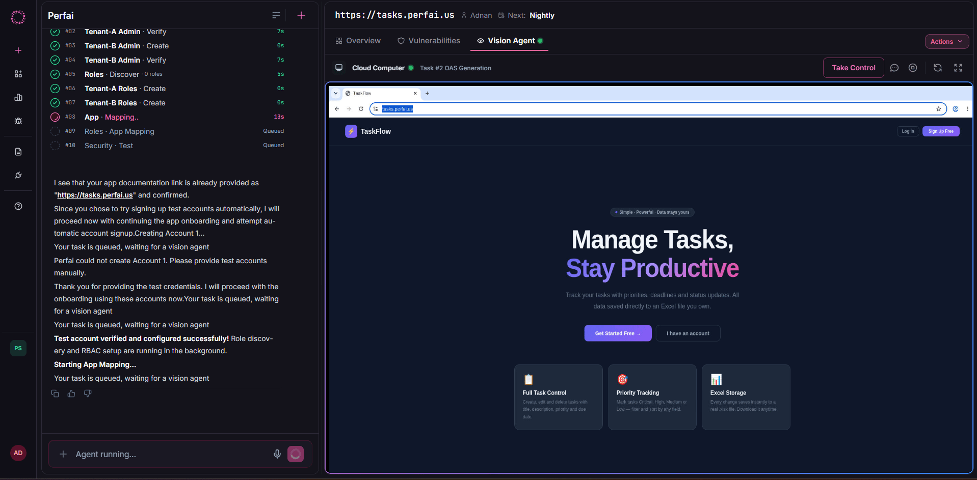 Vision Agent mapping the application — live browser stream
