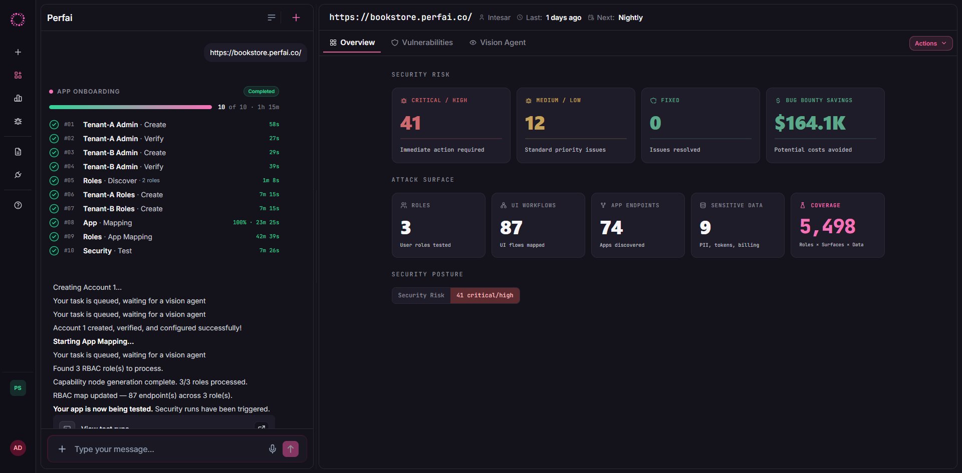 Perfai Overview — security results dashboard
