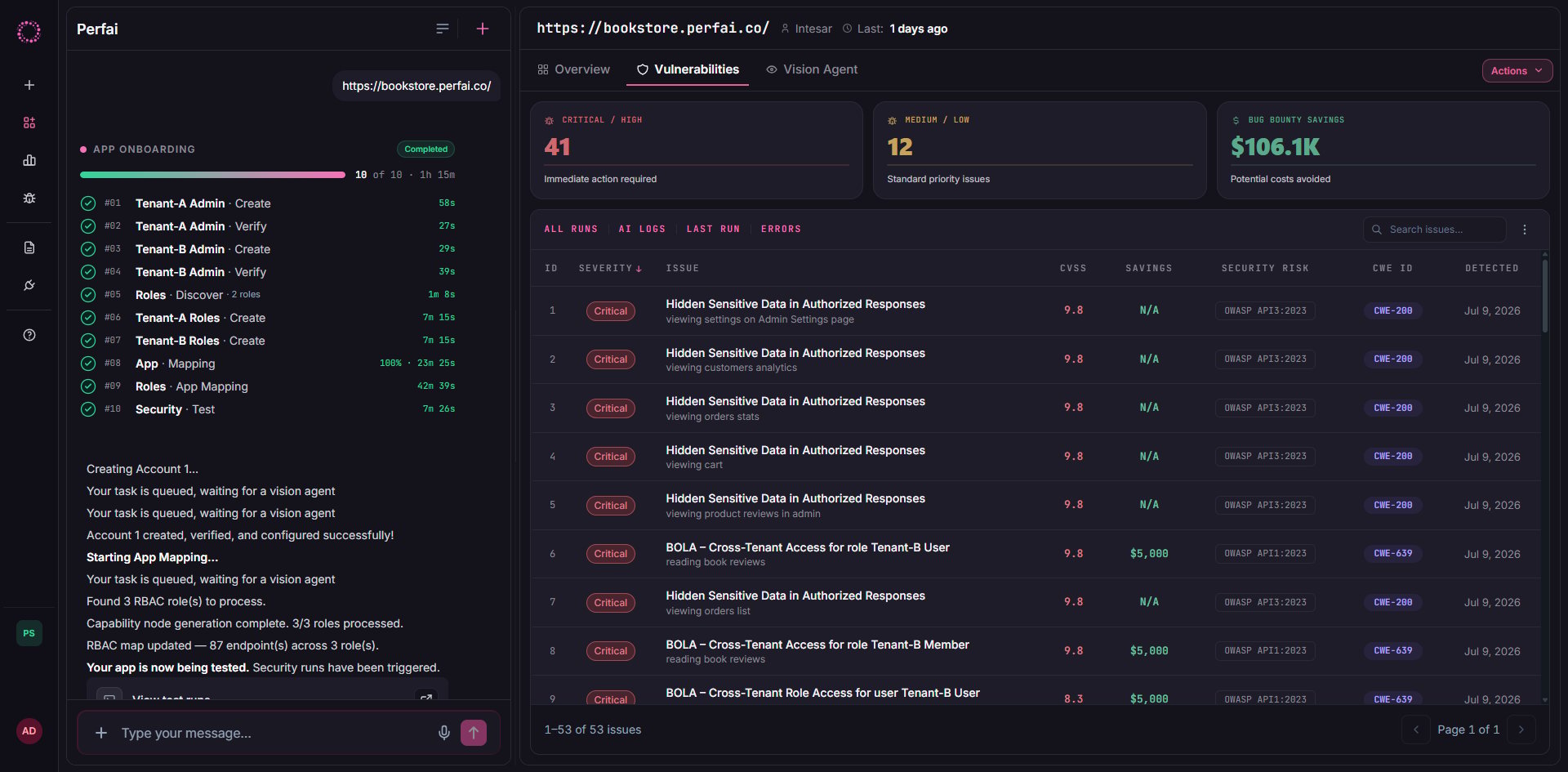 Perfai Security tab — per-app issues list with CVSS scores and savings