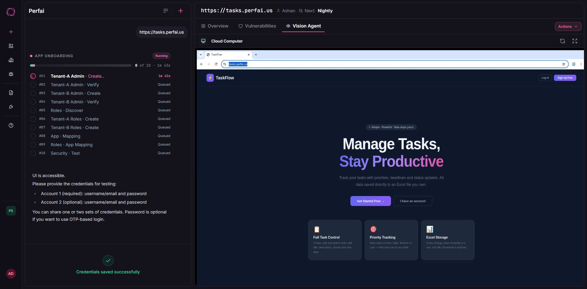 Credentials saved successfully — summary of accounts provided