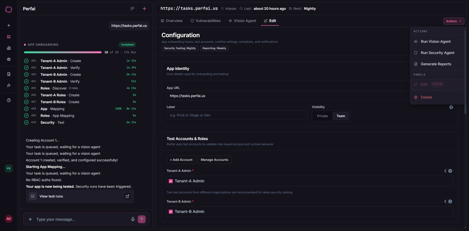 Actions menu — Run Vision, Run Security, Generate Reports, View Reports, Edit, Delete