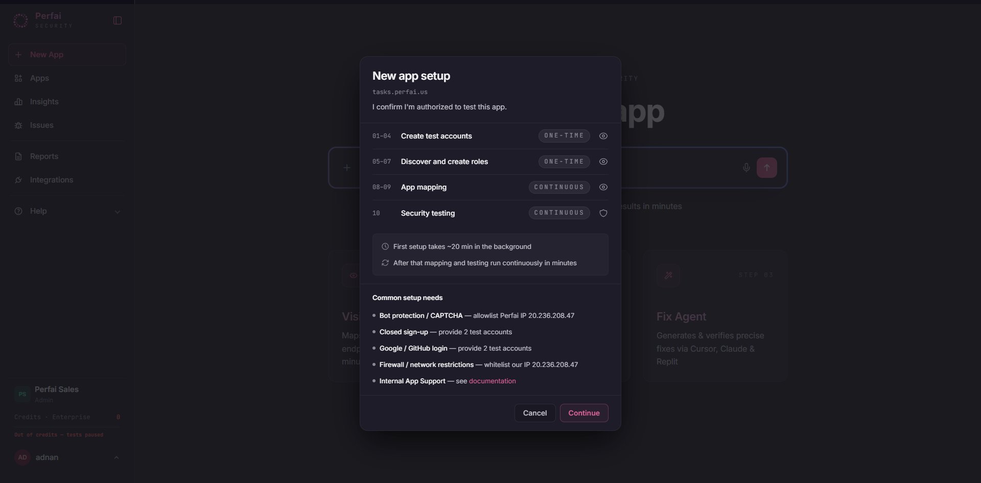 New app setup — four-task confirmation modal