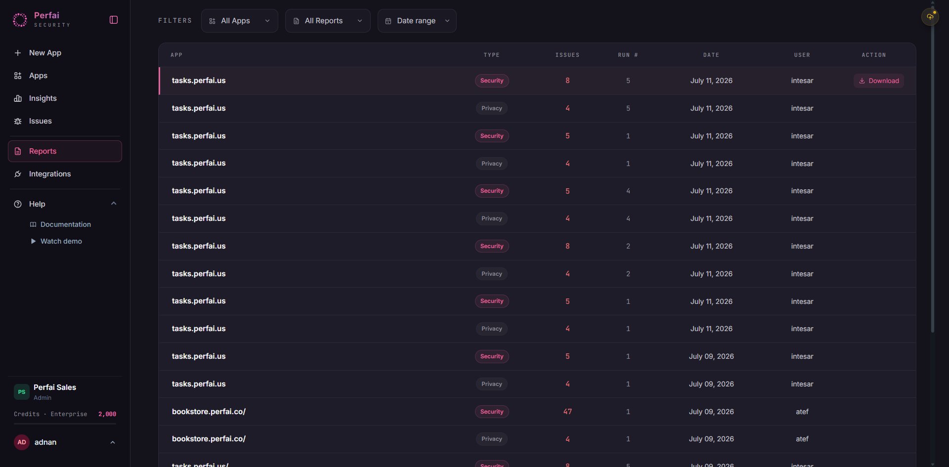 Reports table with Download action menu open