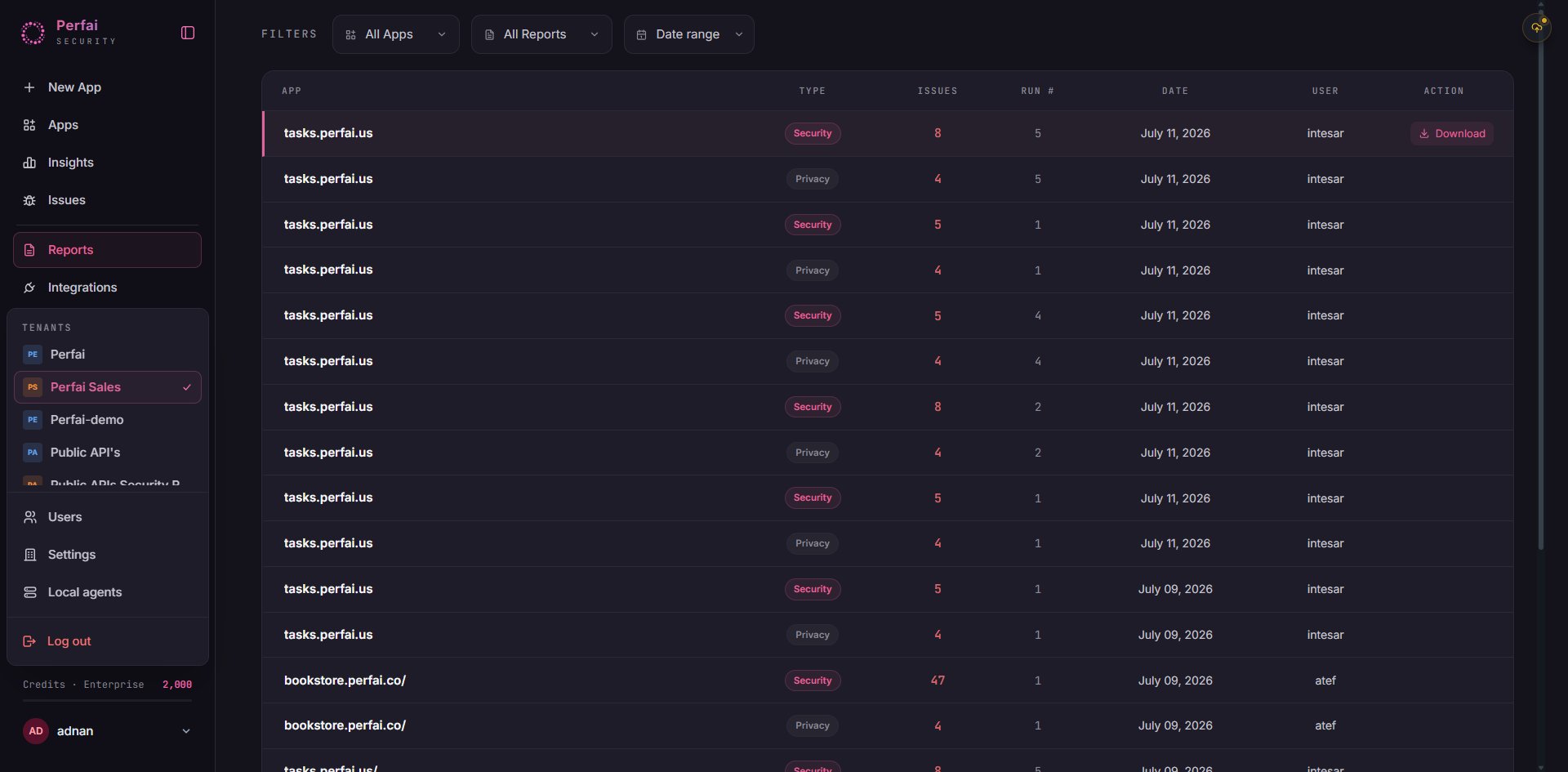 Left sidebar showing Teams panel with multiple organizations — active org marked with a checkmark