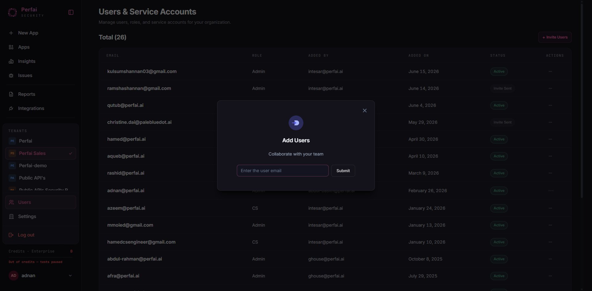 Add Users dialog — enter email to invite a team member