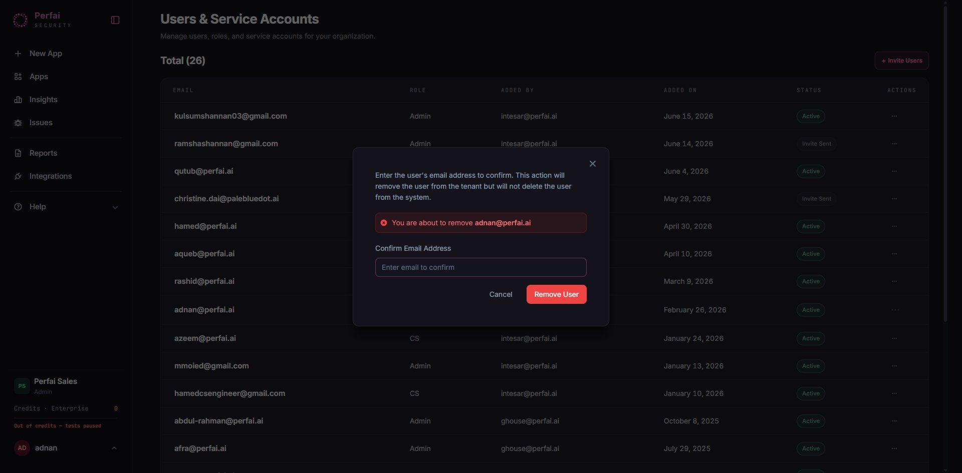 Remove user confirmation — type the email address to confirm