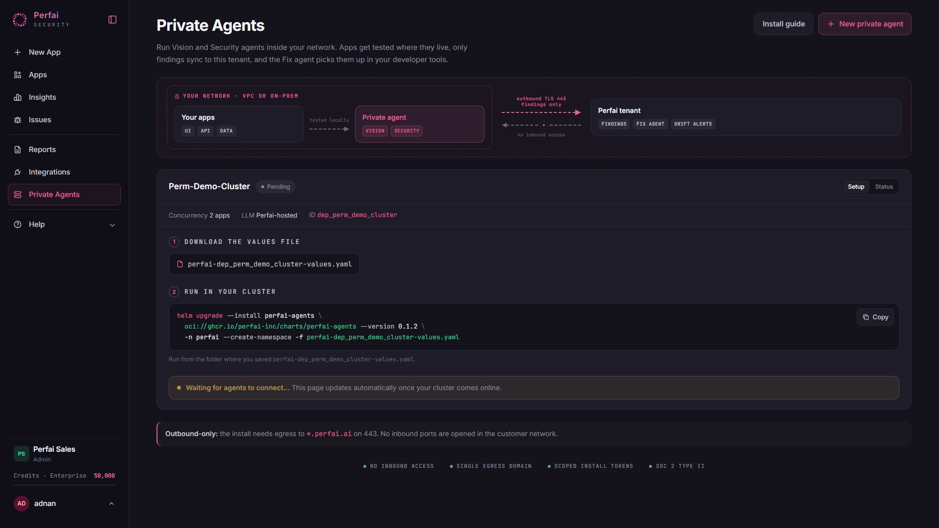 Setup panel — download the pre-filled values file for this deployment