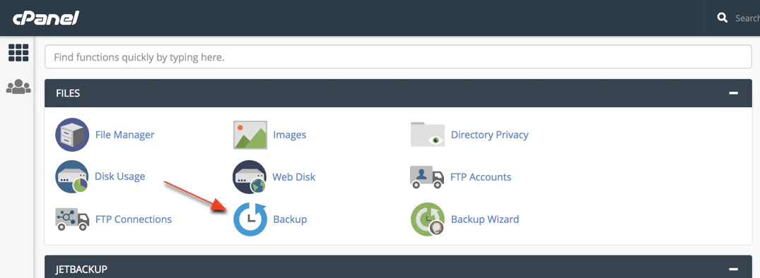 cPanel Files section with Backup menu item highlighted