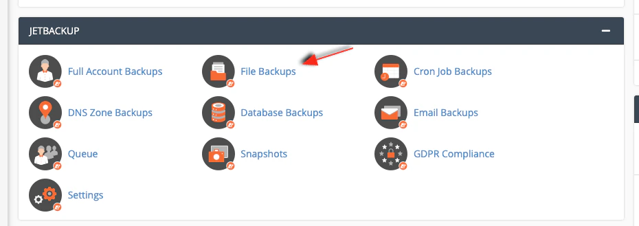 cPanel JetBackup section with File Backups highlighted