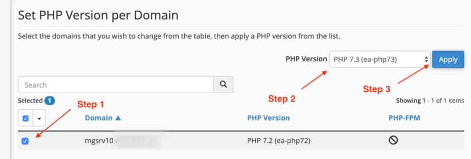 cPanel MultiPHP Manager listing domains and PHP versions